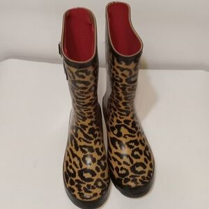 Rubber Boots Ankle Leopard Print Adjustable Buckles Felt Lining Women Size 6